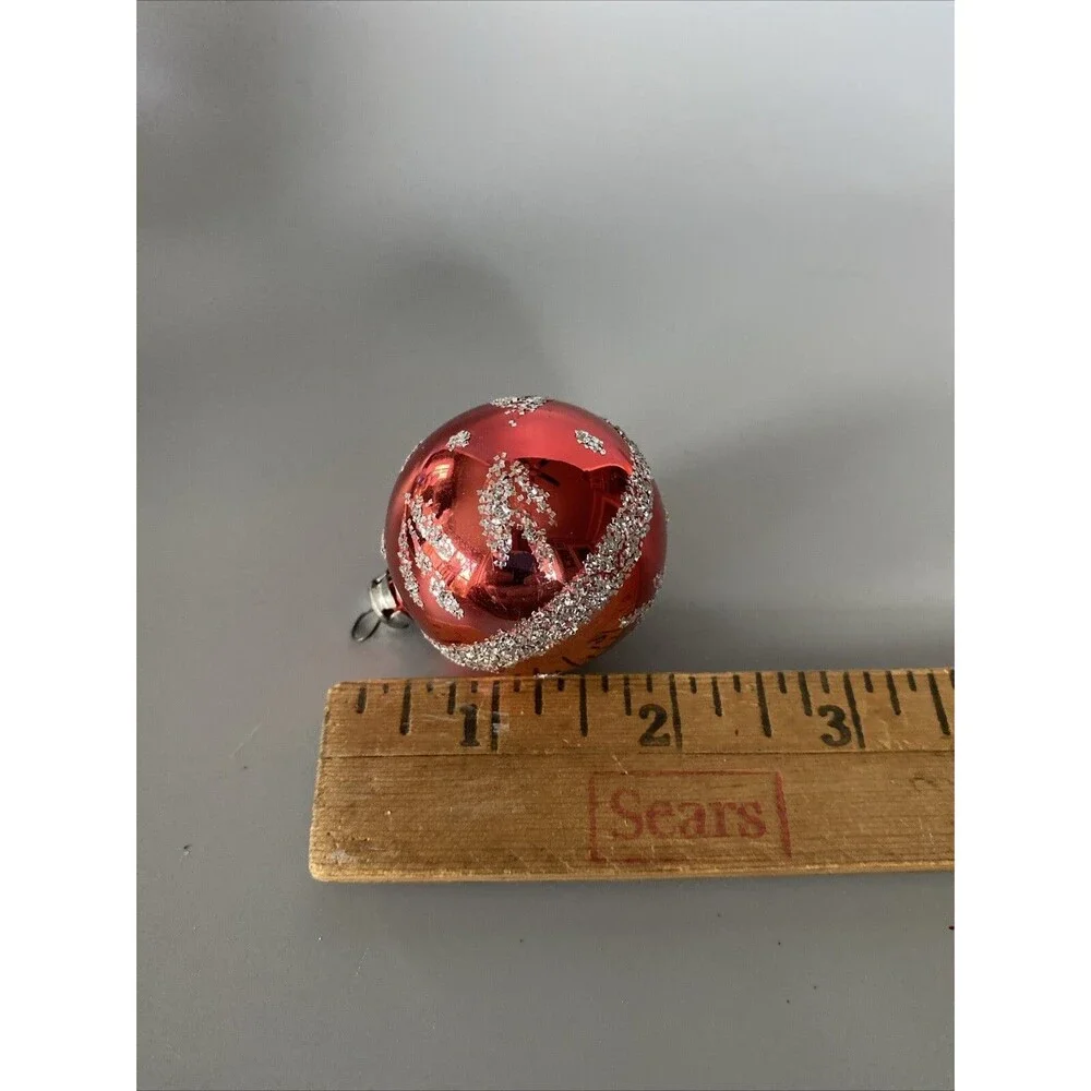 Vintage Hand Painted Blown Glass Christmas Ornament Red Small Ball Glitter